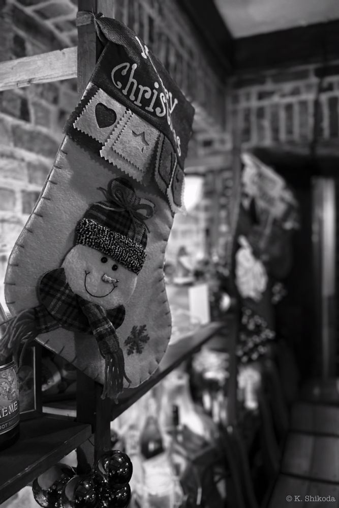 Black and white photo

The shelves in the approach of the store were decorated with many Christmas ornaments and decorations, and socks for gifts were also hanging from the shelves.

----

モノクロ写真

店内のアプローチにある棚に、たくさんのクリスマスに関するオーナメントやデコレーションが飾られており、その棚からはプレゼントを入れるための靴下もぶら下がっていた。