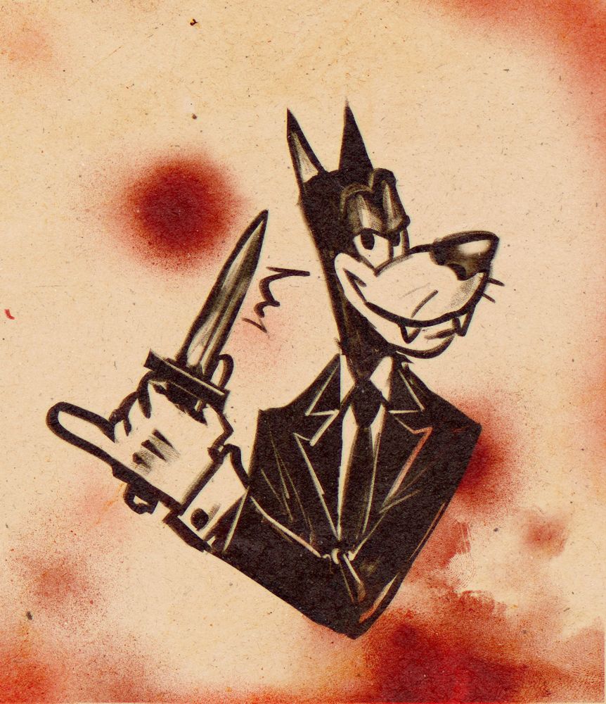 A drawing of a smiling retro cartoon animal man in a black suit and tie holding a knife. Blood spatters 