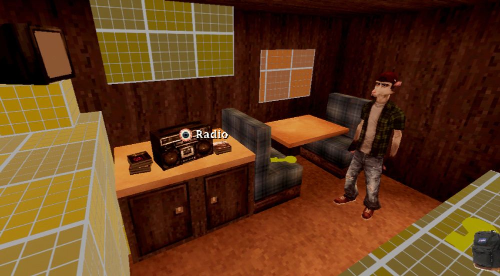 a work in progress screenshot from my short low poly indie point and click adventure horror game, starring a possum dude.