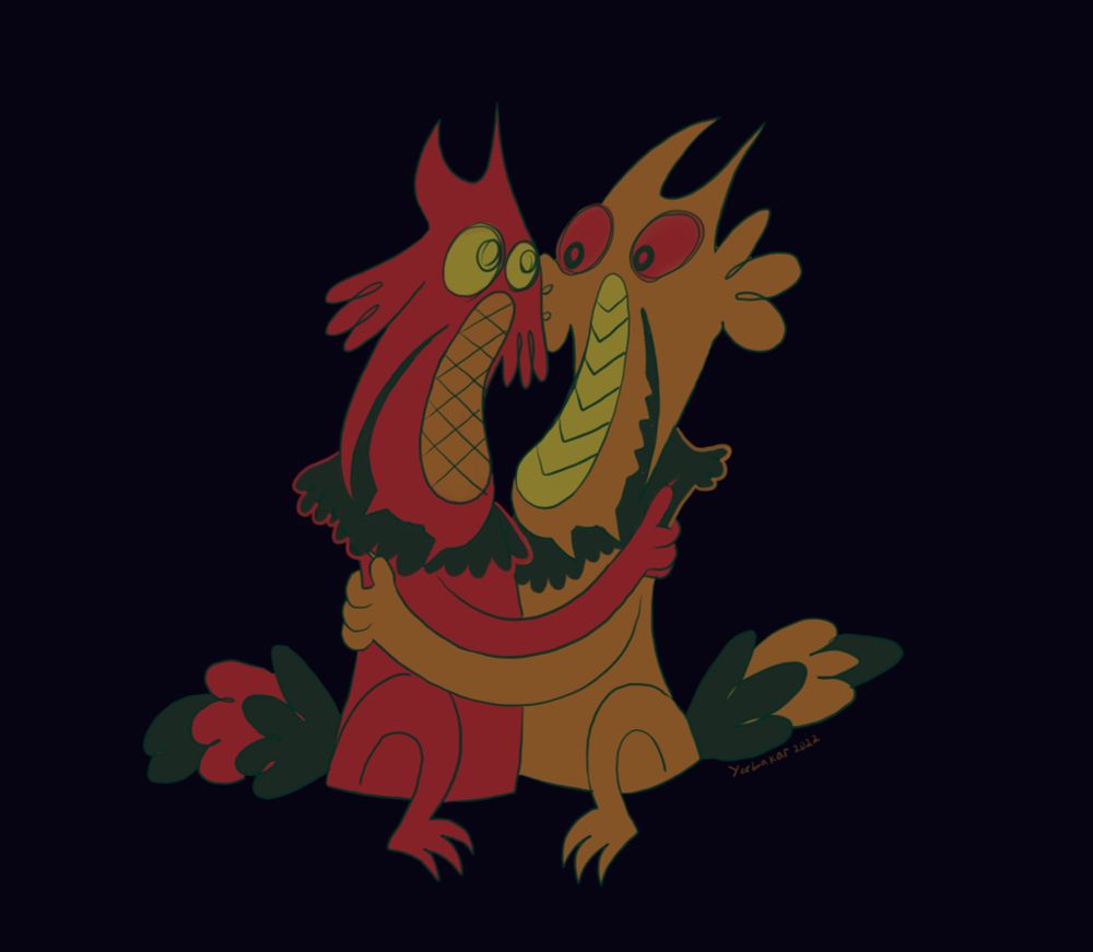 a drawing of very stylized dog like creatures embracing