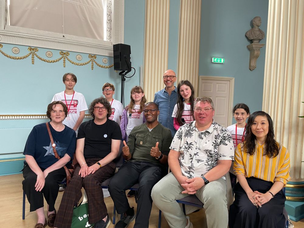 A picture of five authors, with five young ambassadors and their interviewer - for the 5 a side young ambassador panel