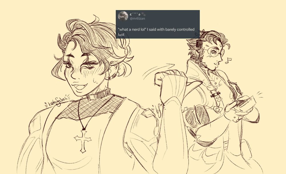 textpost: '"what a nerd lol" i said with barely controlled lust' accompanied by a sketch of my warframe drifter pointing at amir