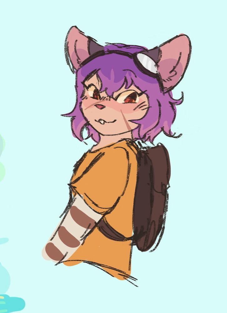 a halfbody colored sketch of runt from the show just roll with it. her body is sideways but her face is turned towards the camera with a small smile. the background is light blue.