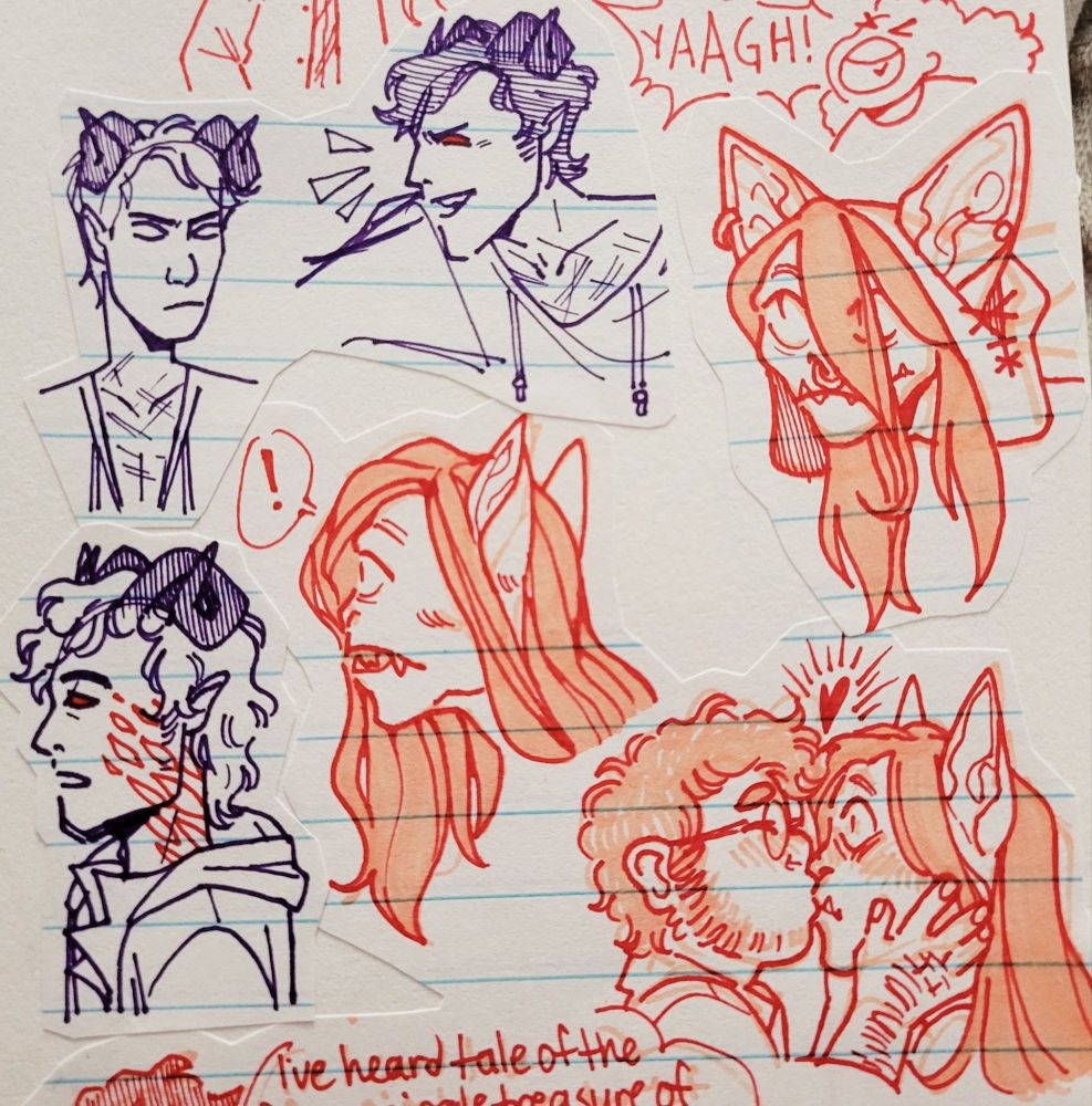 A traditional illustration in red and purple pen of Nott, Lucien, and Yeza from campaign two of Critical Role. To the left are three bust drawings of Lucien with loose clothes with neutral expressions and one smiling expression. In the middle and right are neutral bust drawings of Nott, with a drawing of Yeza kissing her, to her surprise, on the bottom right.