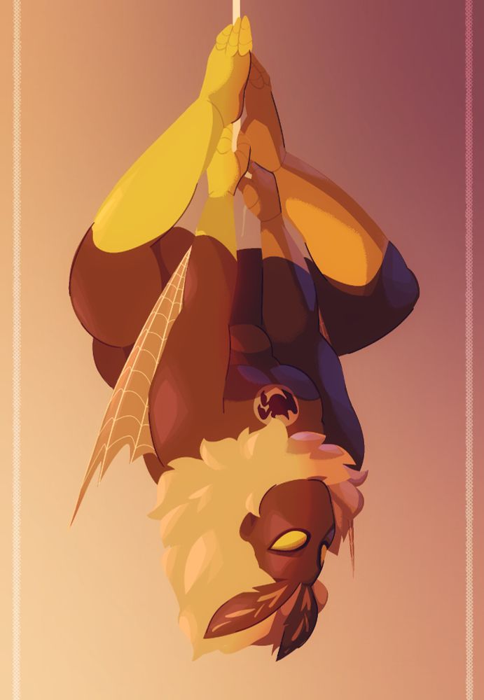 An illustration of a spider-sona based off an owl. She is hanging upside down from a web in a brown and yellow suit with a fluffy, beige mane around her neck.