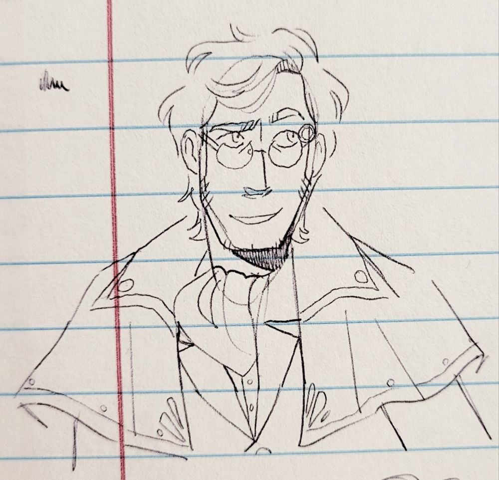 A pen, bust drawing of Percival from Critical Role. He is wearing layered, formal attire and is smirking to the side with one eyebrow raised.