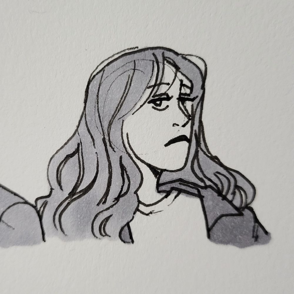 A pen illustration of Stephanie Lauter from Nerdy Prudes Must Die. She is wearing a white shirt and a dark outer-shirt and has a frowning expression.