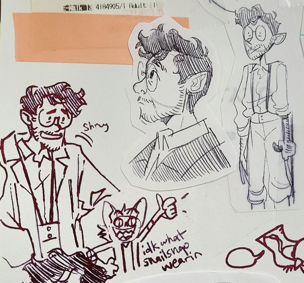 Pen illustrations of Hugo with various expressions. One of him smiling and shrugging, another of a bust of Hugo looking neutrally upward, and a half-body of him standing with his cane with a neutral expression.