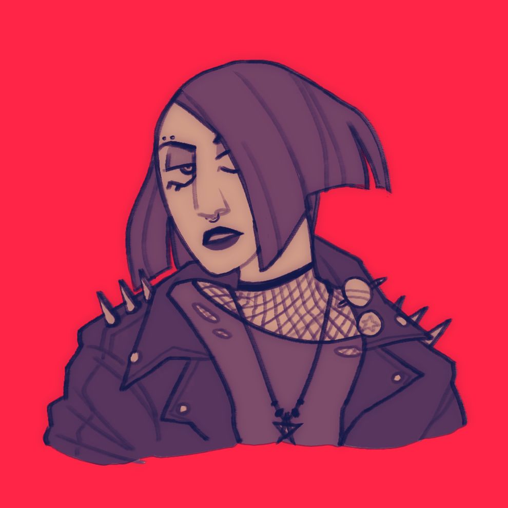 A purple-toned 2D illustration of the character Joan of Arc from the animated show Clone High in front of a bright red background. She has pale skin and straightedge, bobbed hair with an undercut. She also has dark makeup and various piercings on her face and is giving an uncaring expression. Joan is wearing a different outfit than her standard look, with more punk-like qualities. She has a thick leather jacket on fitted with spikes and buttons. Under it, she wears a ripped, wide-collar shirt and a fishnet shirt under it, along with a dark, star necklace around her neck.