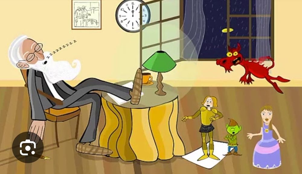 Juego: Imaxina o Salnés. Se ve a Valle Inclán durmiendo en una silla con el pie encima de una mesa. Al lado de la mesa hay un caballero, una princesa, un trasgo y un demonio volando