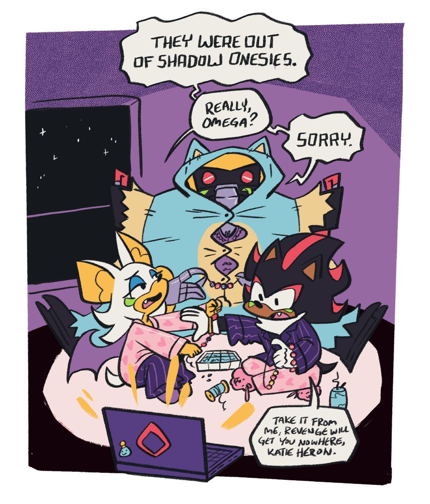 A lined drawing of Team Dark enjoying a slumber party while Mean Girls plays on a laptop. They're making friendship bracelets while wearing cozy pajamas. Omega is wearing a Sonic onesie, and he says, "they were out of Shadow onesies." Rouge says, "Really, Omega?" "Sorry," says Omega. Shadow is absorbed in the movie and says, "take it from me, revenge will get you no where, Katie Heron." #art #drawing