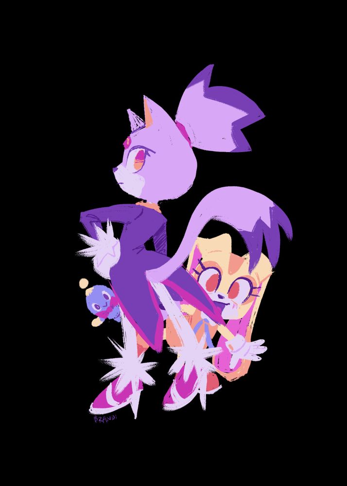 A lineless drawing of Blaze the Cat with her back to the viewer. Cream the Rabbit and Cheese the Chao smile behind her.