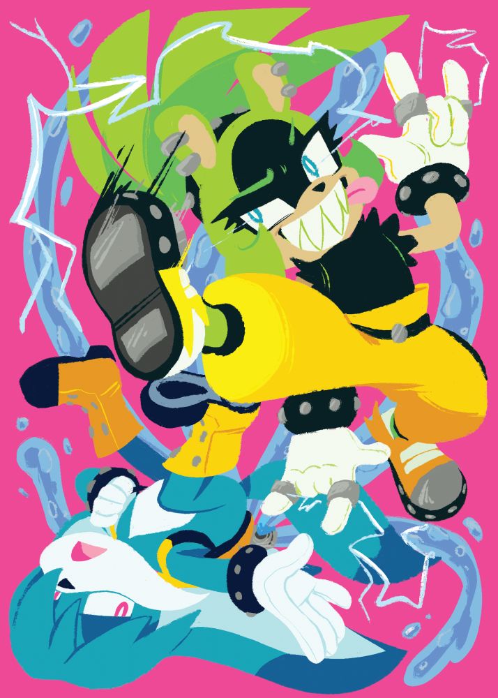 A lineless drawing of Surge the Tenrec and Kitsunami the Fennec against a bright pink background. Surge is kicking up with her right foot, while Kit is posed upside down. #sonicthehedgehog #sonicidw