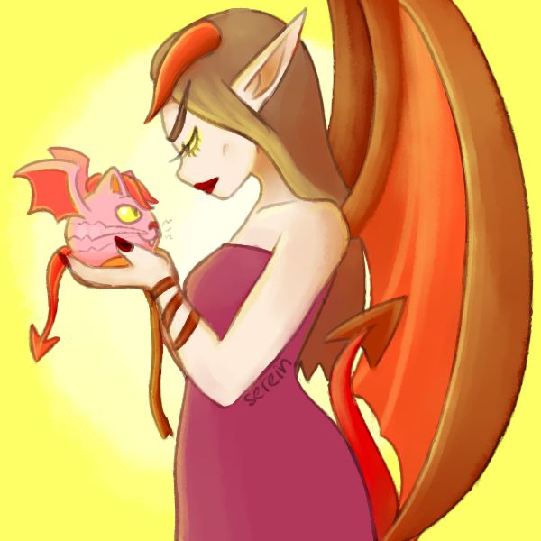 fan art of the fallen angel from neopets game neoquest 2. the fallen angel is a feminine character with a red devil tail, horns, and wings. she is holding a devilpuss, a devilish cat character.