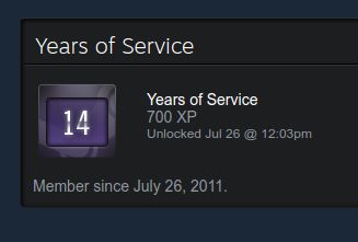 A screenshot of a profile badge that is titled "Years of Service" in which the icon has a "14", indicating 14 years of use. The join date is "July 26, 2011"