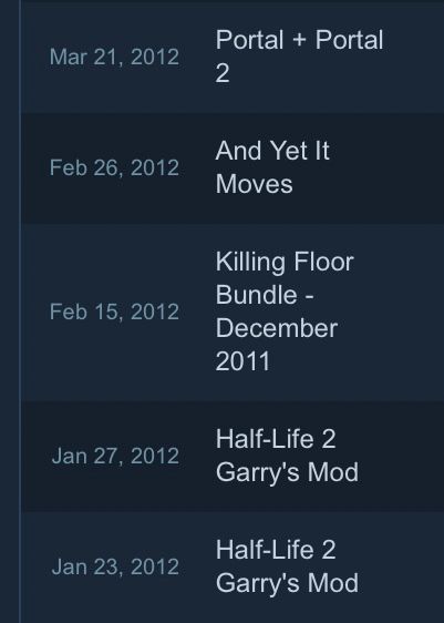 A screenshot of steam purchases.

Mar 21, 2012 - Portal + Portal 2 
Feb 26, 2012 - And Yet It Moves
Feb 15, 2012 - Killing Floor Bundle - December 2011
Jan 27, 2012 - Half-Life 2 + Garry’s Mod
Jan 27, 2012 - Half-Life 2 + Garry’s Mod