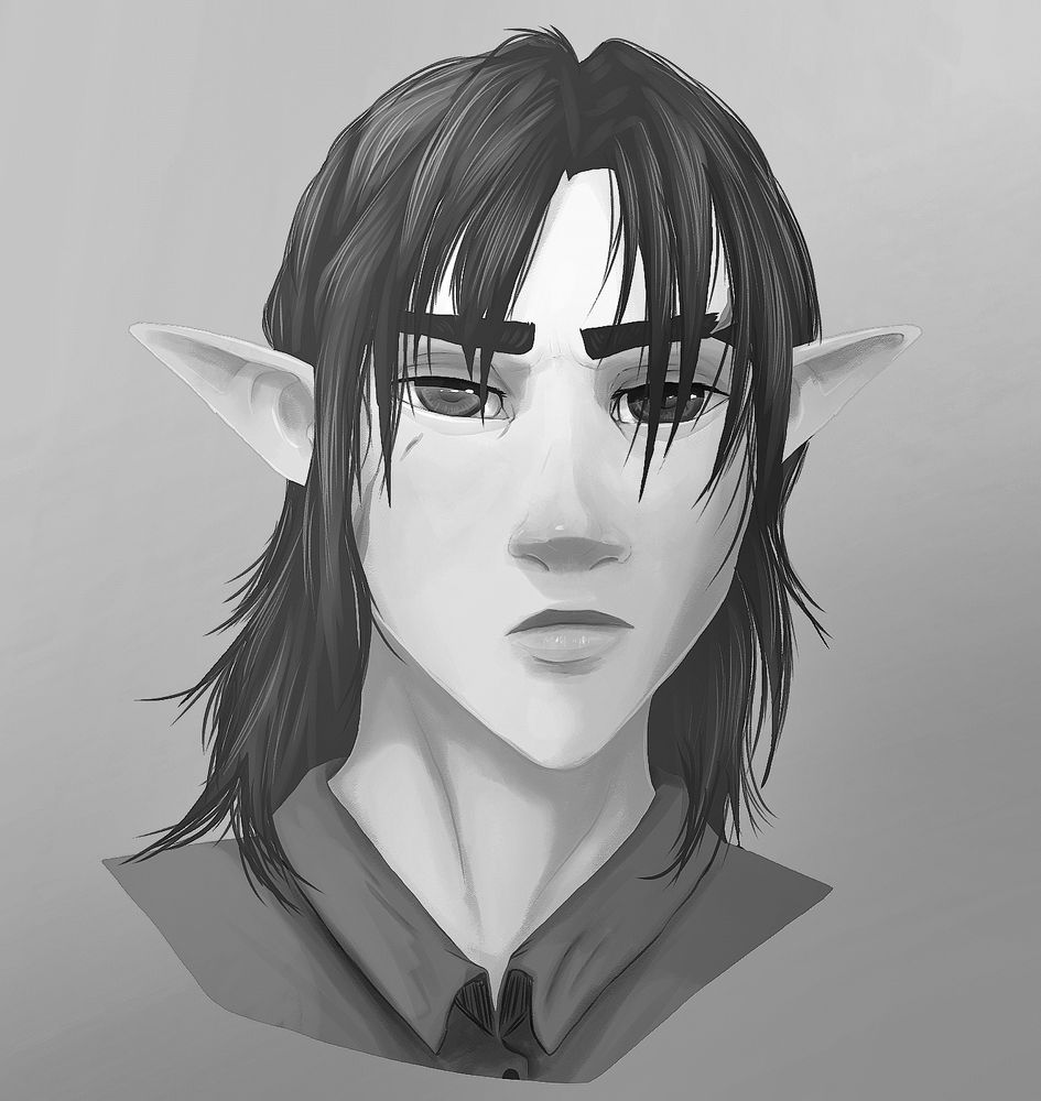 The same elf, but in black and white for *mood*