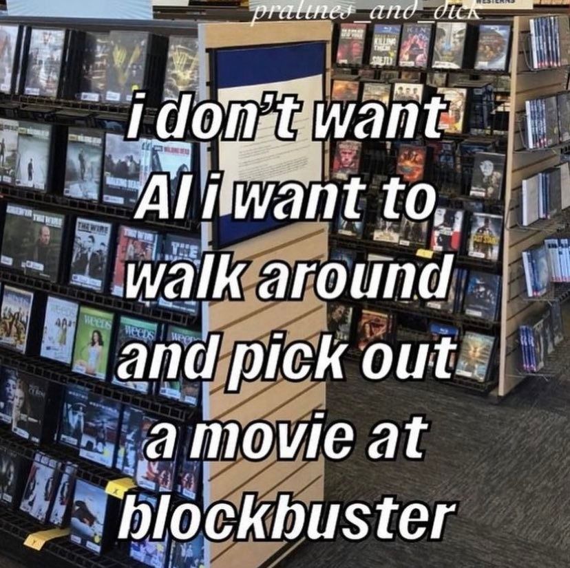 a photo of racks of dvds at a video rental place with the caption 