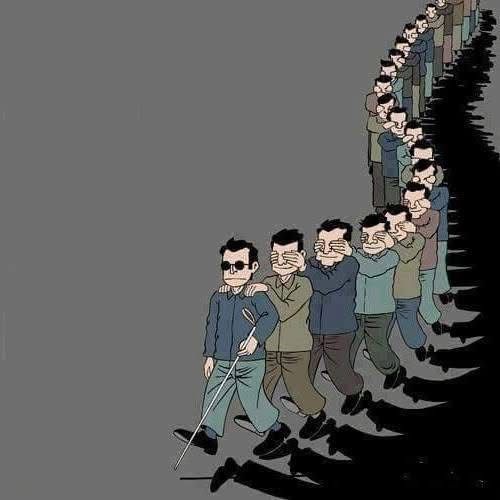 Pessoas de olhos tapados, conduzidas por um cego