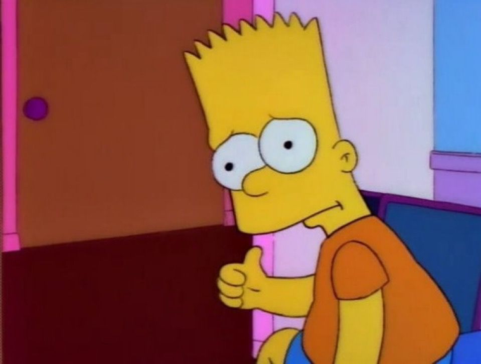 It's Bart Simpson, sitting on his bed, looking kind of dejected whilst raising the thumb on his right hand as if it say it's all good (when it's kind of not).
