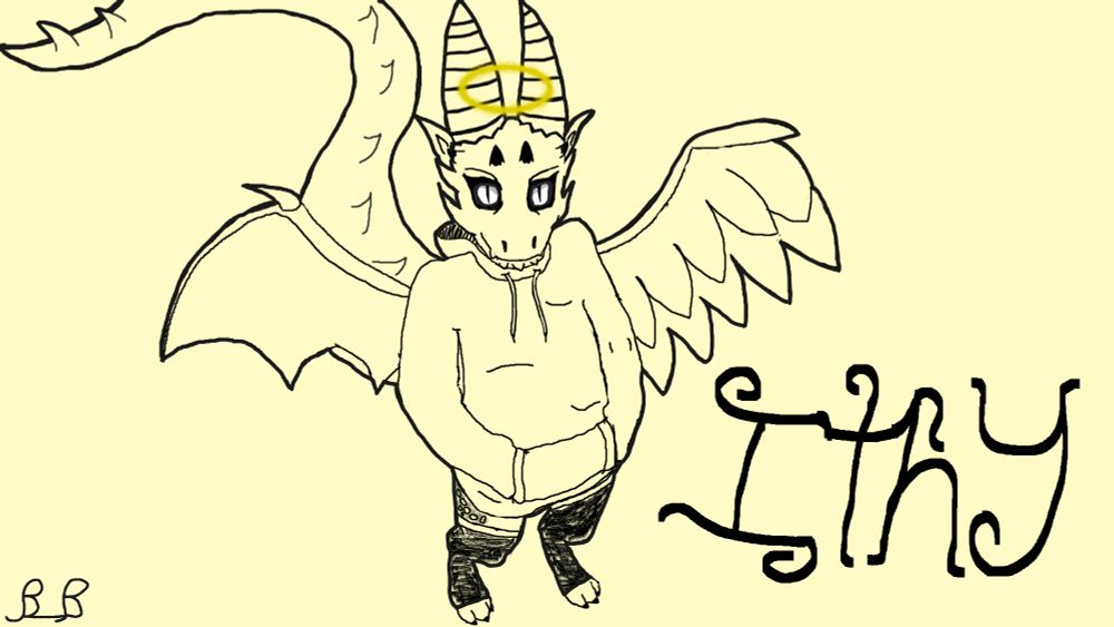 A kobold with silver-grey eyes stares at the viewer. They are wearing a hoodie and thigh-highs. They have a draconic wing and a feathered wing, and a really long tail. Ithy is written in stylized lettering. A golden halo hovers over their head.