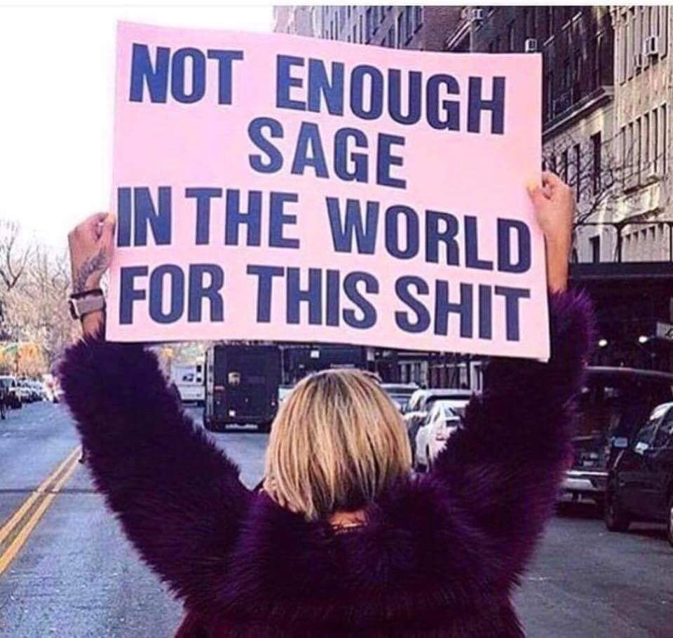 The back of a woman with a blonde bob and purple furry jacket walking down the street holding a pink protest sight with black text: NOT ENOUGH SAGE IN THE WORLD FOR THIS SHIT
