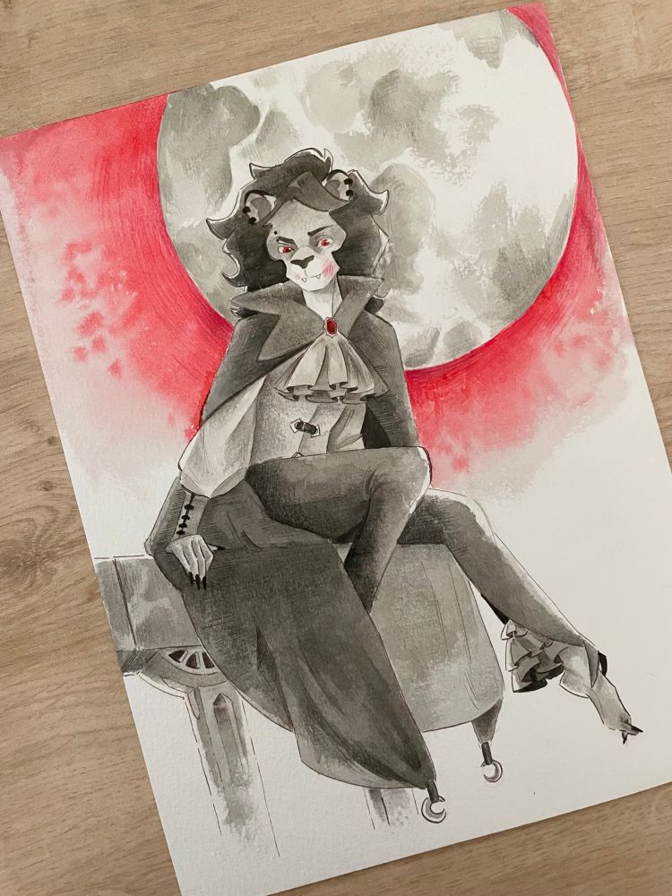 ink painting of Kafka the count sat on a balcony edge, a large moon hangs in the background emitting a red glow  