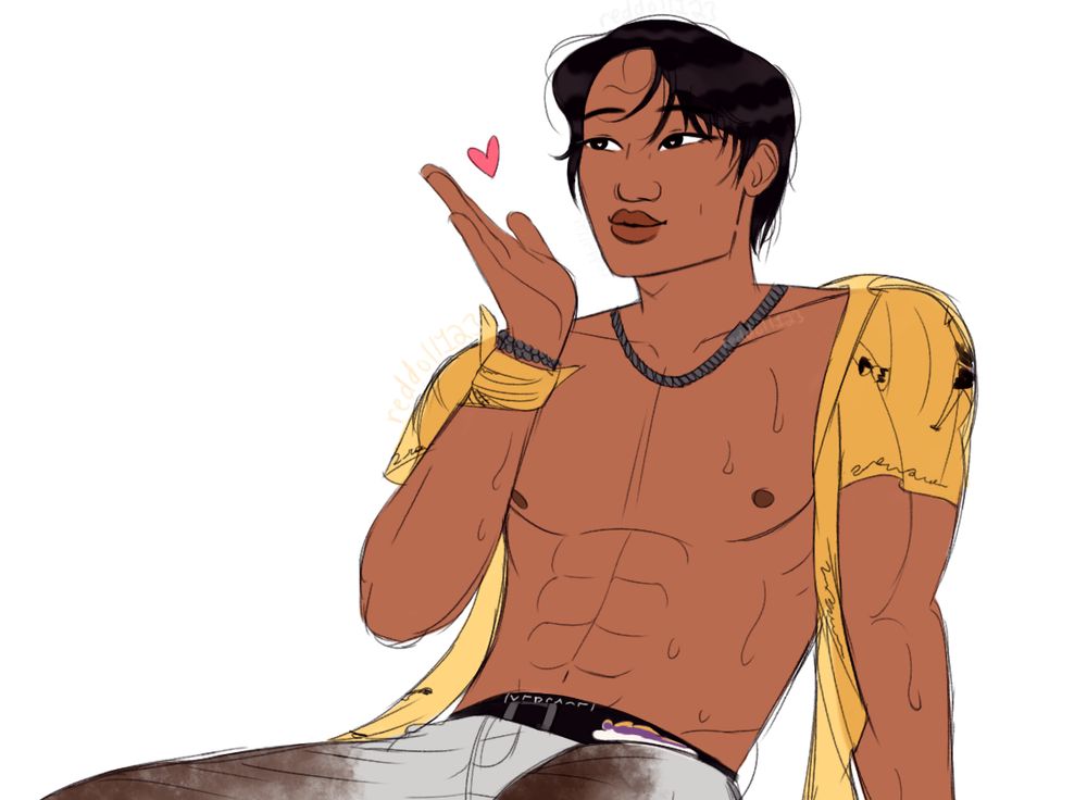 A work in progress drawing of EXO's Jongin/Kai from the Waterbomb festival. He's sitting down on the stage, legs hanging over the edge and right hand (out of view) resting down while his left arm's up as he blows a kiss with a smile on his face. [Lineart and flat colors are done, with this cropped a bit compared to full drawing at the moment.]