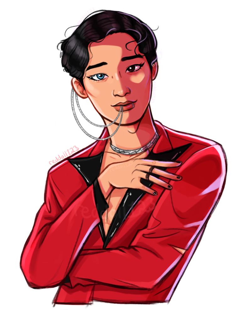 A half-body drawing of EXO's Jongdae/Chen from the Obsession era. He's dressed as his x-exo version (that is, his evil clone) and has his right arm crossed over his chest while his left arm's up with his left hand over his heart. His expression looks dead somehow even with his eyebrows lifted in slight (fake) worry and his lips curled up as he looks straight at the viewer. Also, his body's facing towards the left while his head's tilted a bit left. Two chains connect from the left side of his bottom lip to the back of his left ear, while a lip ring is on the right side of his bottom lip, and a chain collar's around his neck. And he's wearing a red suit jacket (with black lapels) with a deep collar line revealing a tiny bit of his chest.