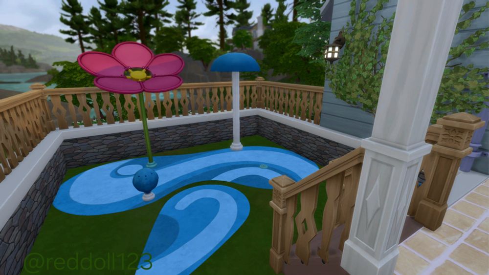 A screenshot from the video-game Sims 4 of my OC’s 4 Mystery BFF’s home (the backyard view). Shows a splash area for playing around with fresh water.