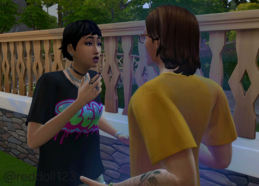 A screenshot of the Sims 4 version of my OCs Tom P. and Jamie. Jamie's leaned forward in shock, her left hand lifted to her mouth as she sees Tom P. glowing blue.