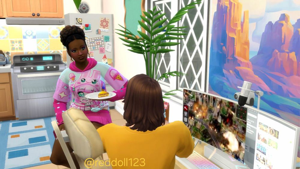 A screenshot of the Sims 4 version of my OCs Tom P. and Georgia. Tom P.'s sitting down at the main desk area while Georgia's facing him while sitting on a nearby stool and holding a plate of grilled cheese. He's just told a story and Georgia's looking at him incredulously/with doubt.