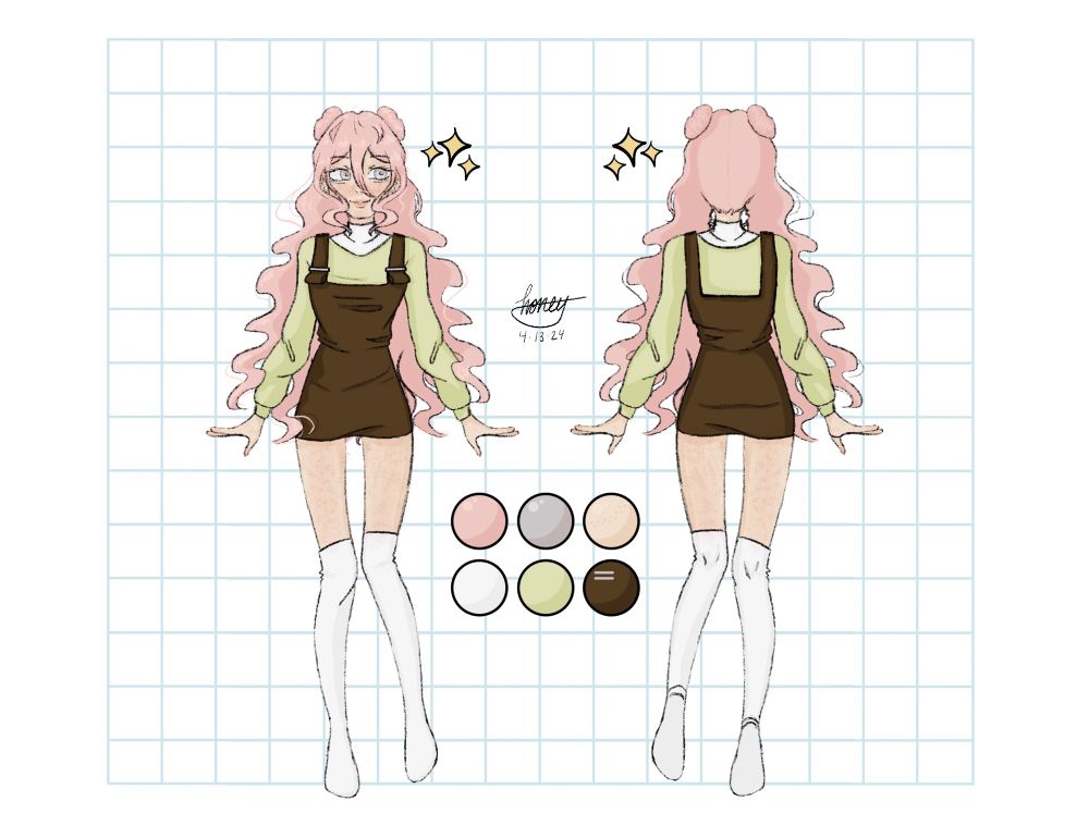 A drawing of my persona, Pluto, from the front and back. She has long pink hair and grey eyes, lots of freckles, and space buns! She is wearing a white turtleneck underneath of a green sweater, with a brown overall dress on top. She is also wearing tall white boots!