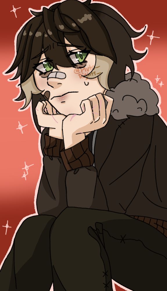 my friend’s (kole-aid) oc, duncan, sitting with his elbows on his knees, and his chin resting on his hand. he’s looking just past the camera, to the right of the canvas, with a frown 