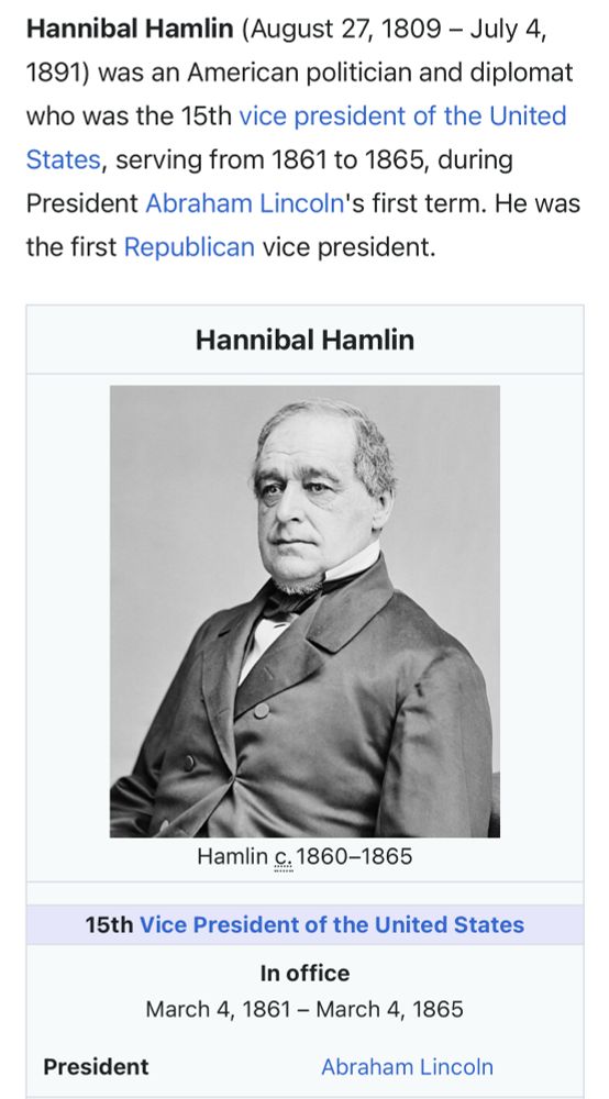 Hannibal Hamlin - VP to Lincoln 1861-65