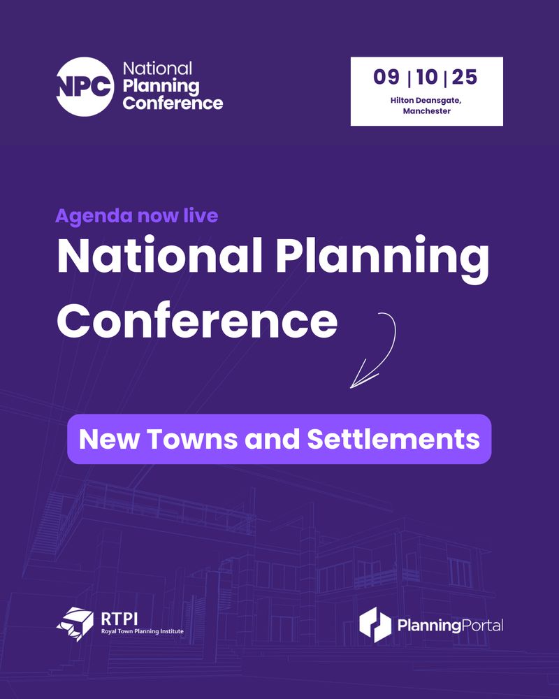 Purple background and white text with National Planning Conference as the main title. Arrow leading off to a bubble with New Towns and Settlements.