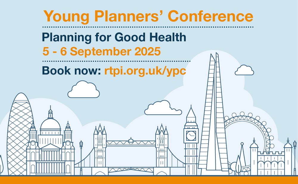 London skyline outline at the bottom with Orange and blue text overlay:
Young Planners' Conference
Planning for good health
5-6 September 2025
book now: www.rtpi.org.uk/ypc