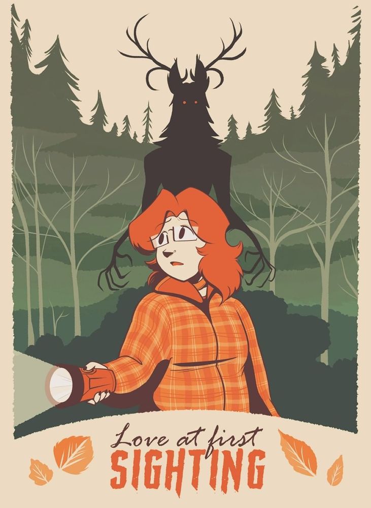 A poster that reads Love at First Sighting at the bottom, with orange leaves imprinted around the lettering. Above it is a red-haired woman with glassed dressed in orange flannel and holding a flashlight, pointing the beam to her right. Behind her looms the shadow of a monster with spindly limbs and antlers and glowing red eyes. Framing them is a spread of trees.