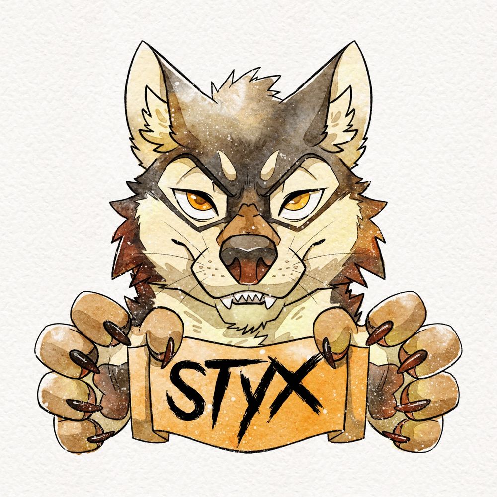Furry con badge of a male eurasian wolf. He is facing the viewer with a toothy mischievous grin and his clawed paws are framing a banner with the name Styx.