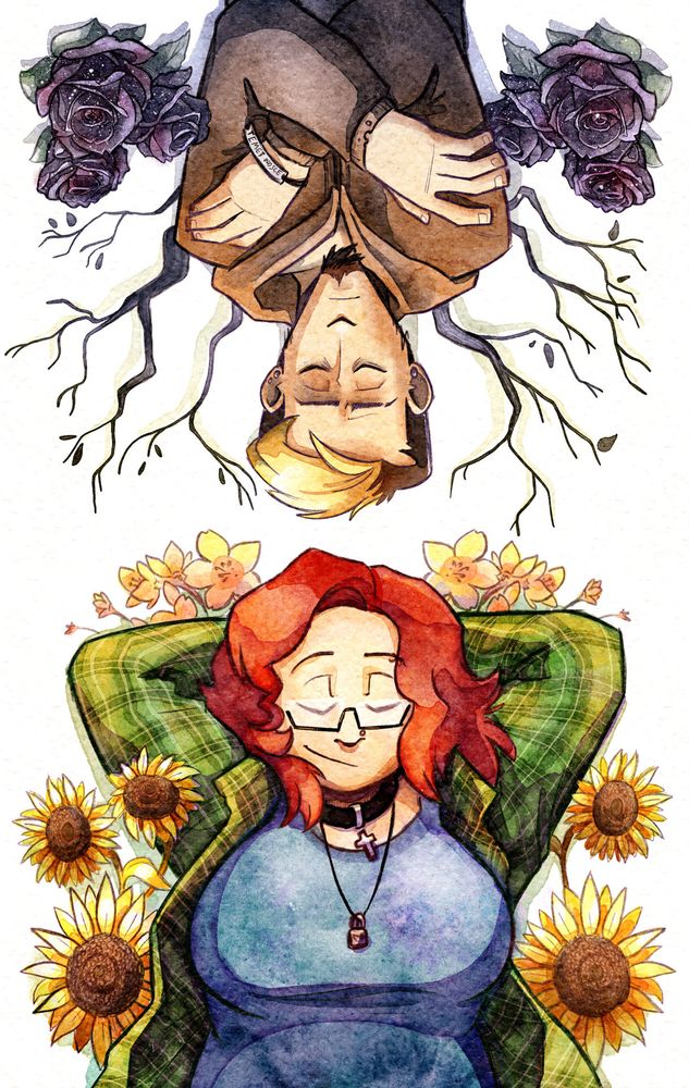 Full page illustration for the graphic novel Wanderlust. The main character, Ace, a thin white trans man, lays upside down, arms crossed over his chest in a death stance, eyes closed, frowning slightly. He is flanked by clusters of black roses and dead tree limbs. Sophie, a white woman with fiery red wavy hair, is laying with her arms tucked behind her head, eyes closed, smiling warmly. She is surrounded by blooming sakura blossoms and sunflowers.