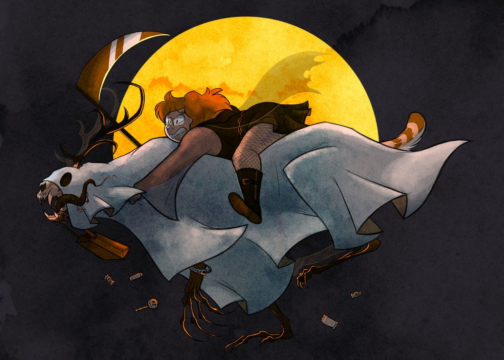 A red headed woman in a witch outfit with glasses clings to the back of a 10 foot spindly-legged monster cloaked in a sheet like a ghost, holding a bag of candy in his jaws as he runs on all fours, scattering the contents of the bag. A large full moon illuminates them from behind.