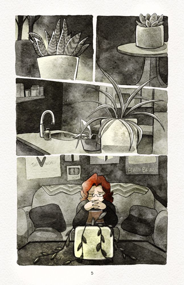 A comic page, done in watercolor style. The first 3 panels show several potted plants taking up space on a variety of surfaces in Sophie's apartment. In the last panel, Sophie sits on her couch, hands tented, a look of deep thought on her face, as a wilting plant sits on the coffee table in front of her.