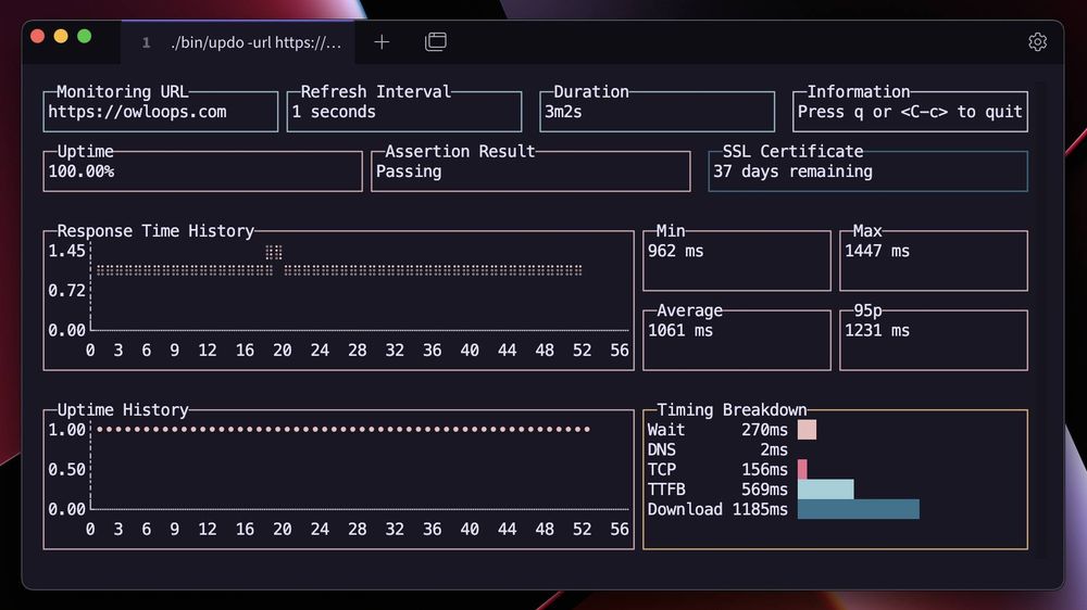 A scressshot of Updo is a CLI tool for monitoring website uptime and performance showing various stats like uptime, SSL/TLS certificate and more. 