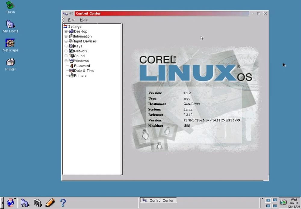 A screenshot of Corel Linux distro from 1999 which was based upon Debian and KDE.