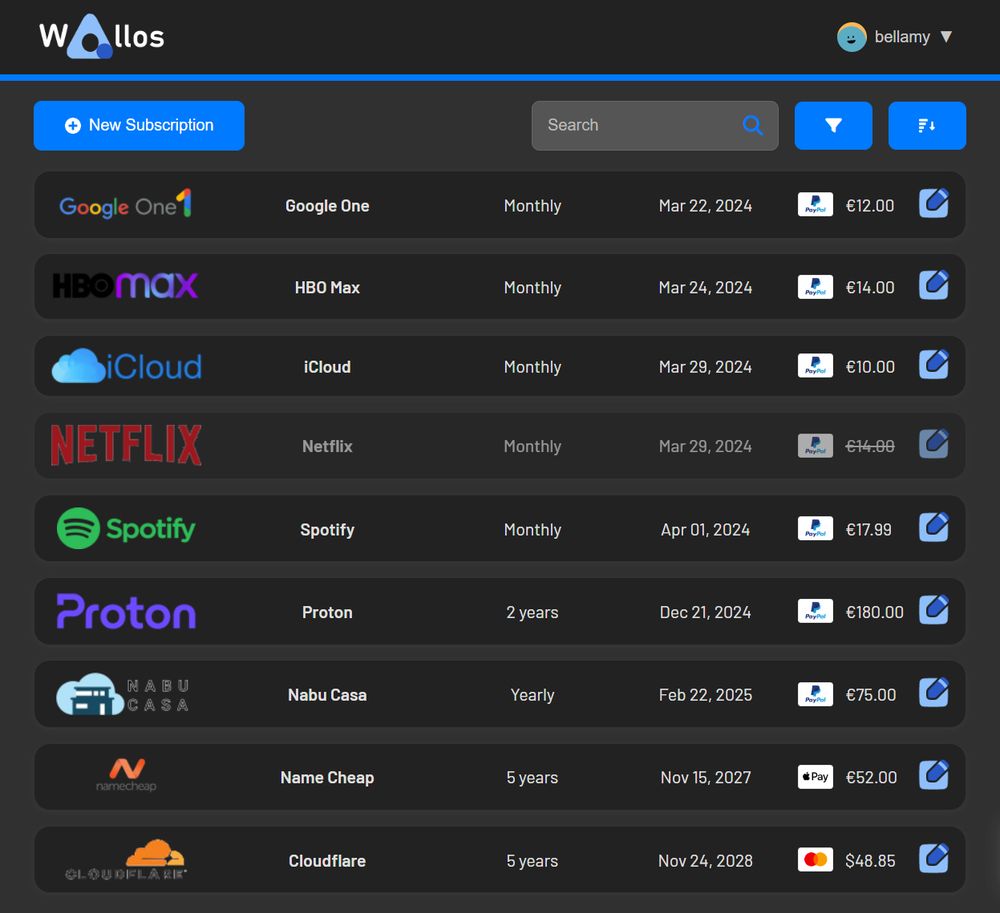 Wallos: Open-Source Personal Subscription Tracker Screenshot showing various services your subscribed online such as Google cloud or Spotify or Netflix.