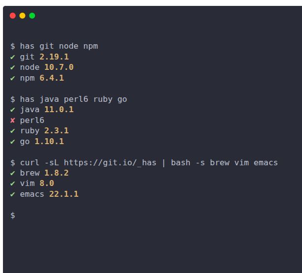 This screenshot shows has command which checks presence of various command line tools and their versions on the path.