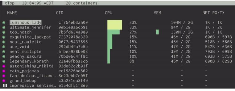 A screenshot of ctop which is nothing but top-like interface for container metrics.

