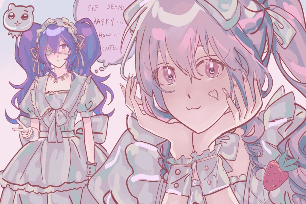  mizumafu monday art by piyo! they’re in maid outfits, with mizuki close up to the front and mafuyu giving a peace sign behind. mafuyu’s looking at mizuki, “she seems happy… how cute…”