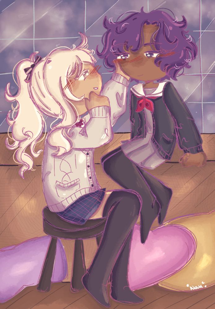 mizumafu monday art by nova!! the beautiful t4t couple… MAFUYU WITH SHORT HAIR!!!! Mizuki and mafuyu are sitting in a cozy room, with tiled walls and pillows surrounding the wooden floor (they’re mizumafu colored). Mizuki is seated on a stool and mafuyu sits across them, reaching her hand up to feel Mafuyu’s face. They look at eachother lovingly.