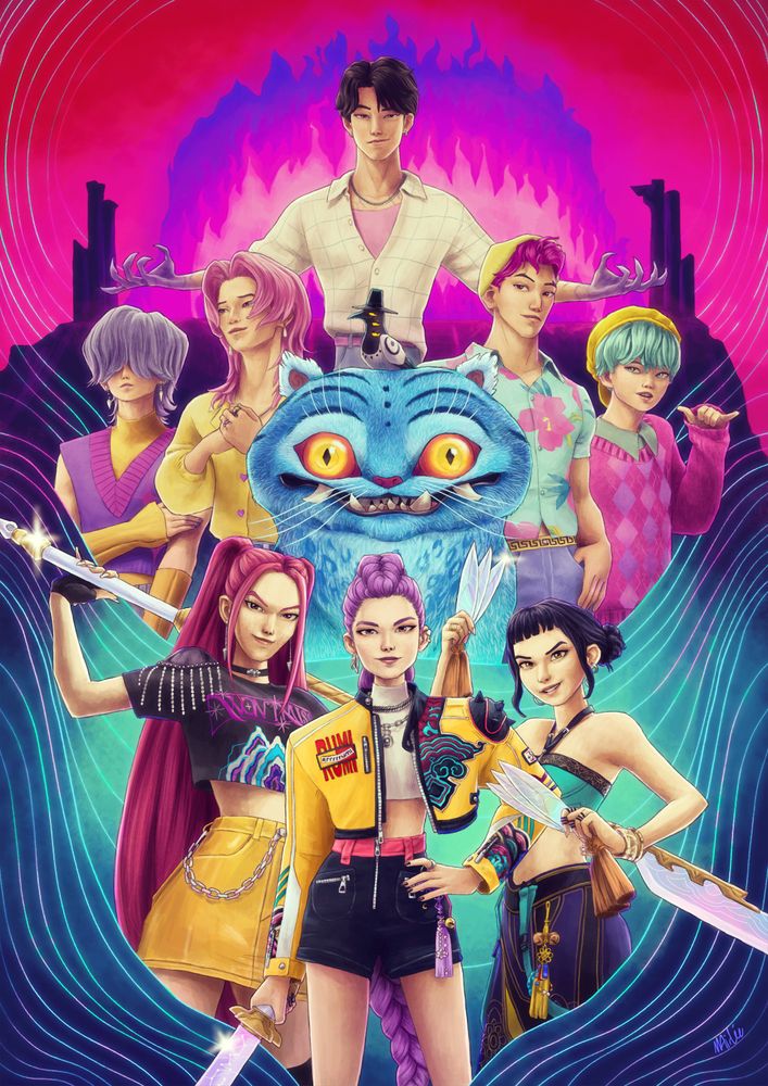 painting of a kpop demon hunters picture. mira, rumi and zoey are posing in the bottom front of the pic with their weapons. behind them is tiger with magpie on its head. mystery and romance are on the left side of tiger, abby and baby on the right. jinu is in the middle above tiger with arms outstretched. gwi-ma is behind the saja boys, mostly jinu
the honmoon surrounds them all on the sides, and the colours are very bright